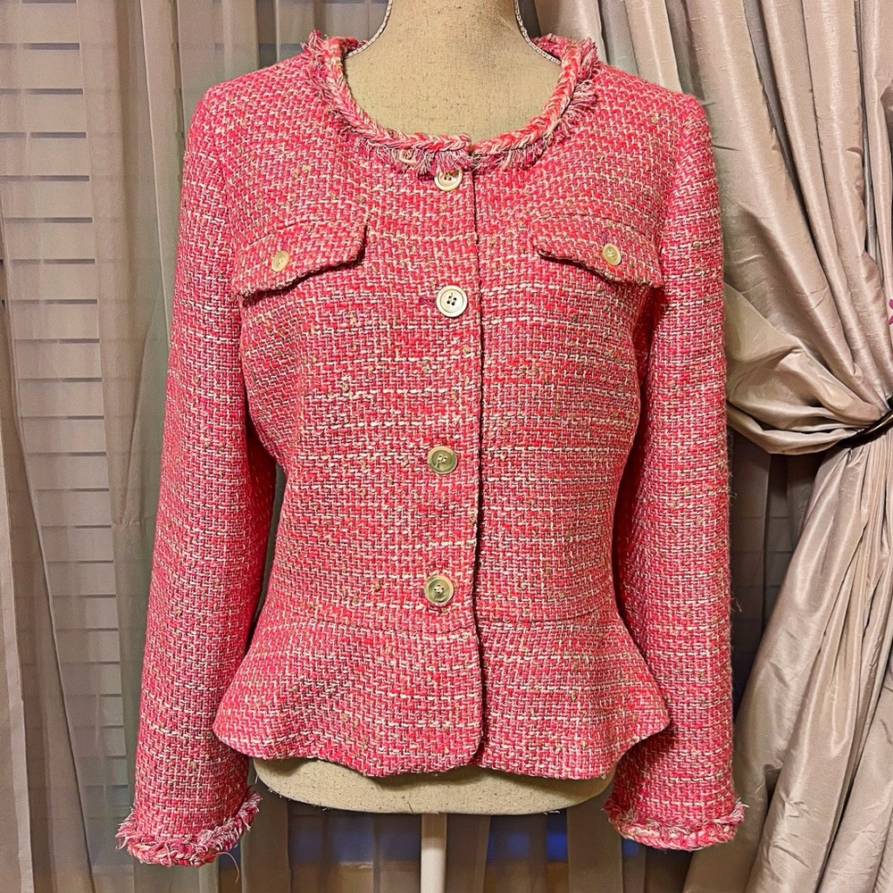 NWT J. Crew Vibrant Pink Tweed Lady Blazer Peplum Ruffle